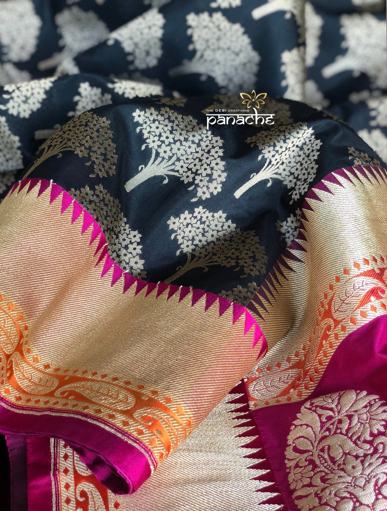 Silk Banarasi - Black Purple Antique Zari