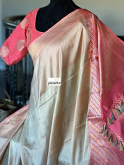 Pure Katan Silk Benarasi - Ivory Pink Golden Silver Zari