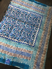 Tussar Silk - Printed Offwhite Firozi Royal Blue