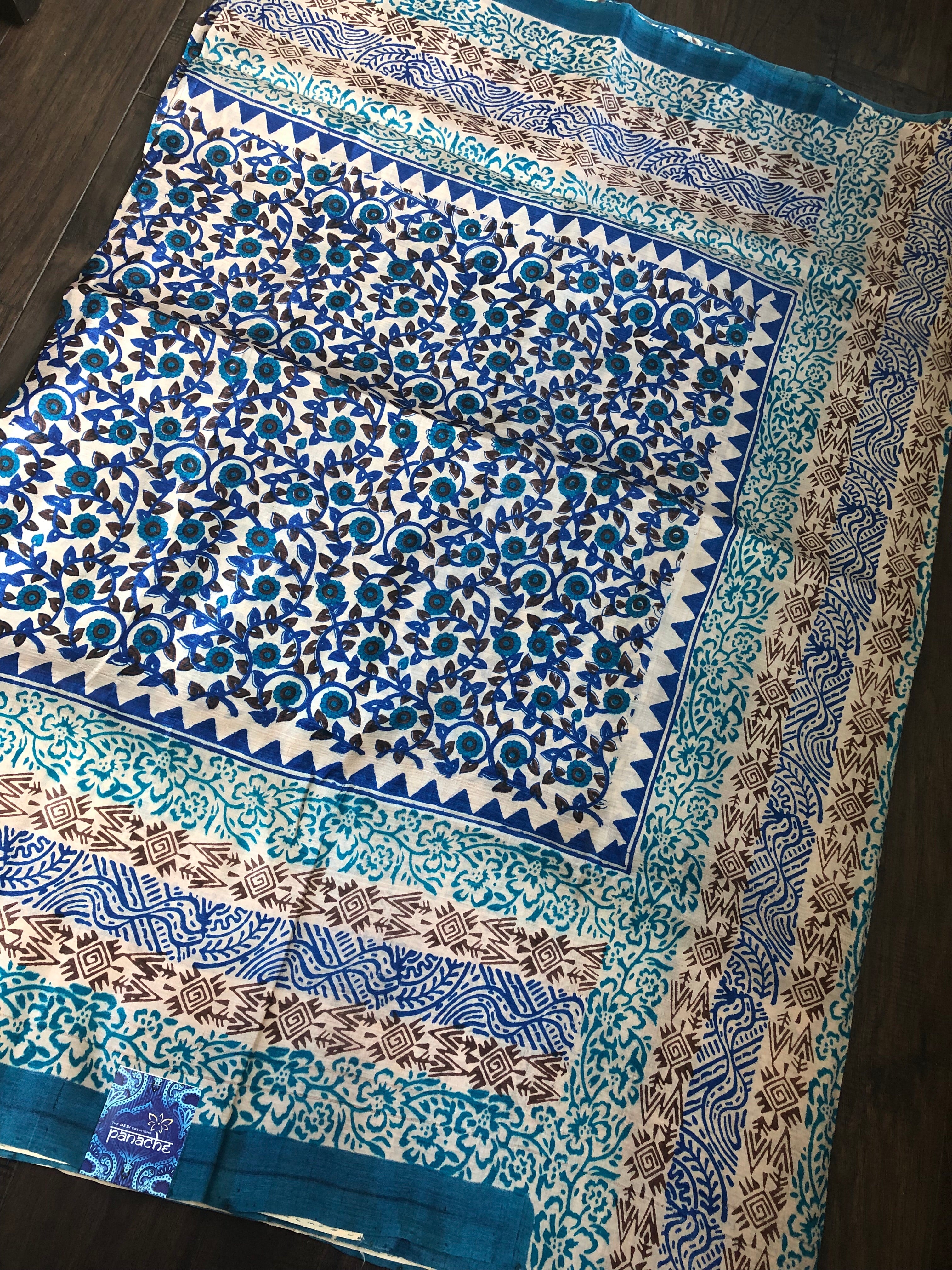 Tussar Silk - Printed Offwhite Firozi Royal Blue
