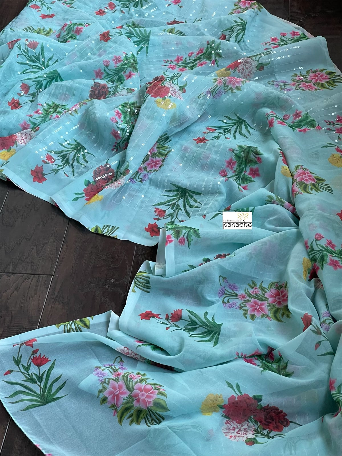 Designer Georgette Sequin Floral  - Sea Blue