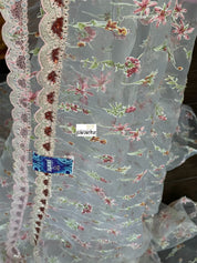 Designer Organza - Off-white Maroon Hand embroidered