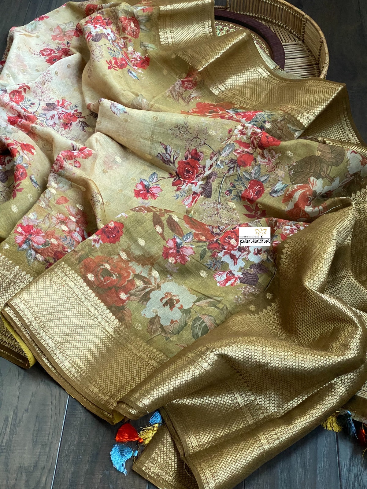 Mulmul Banarasi Floral - Light Brown Golden Zari