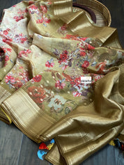Mulmul Banarasi Floral - Light Brown Golden Zari
