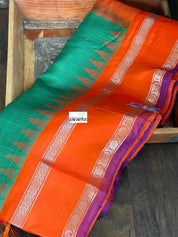 Silk Gadwal - Green Orange Checkered Golden Zari