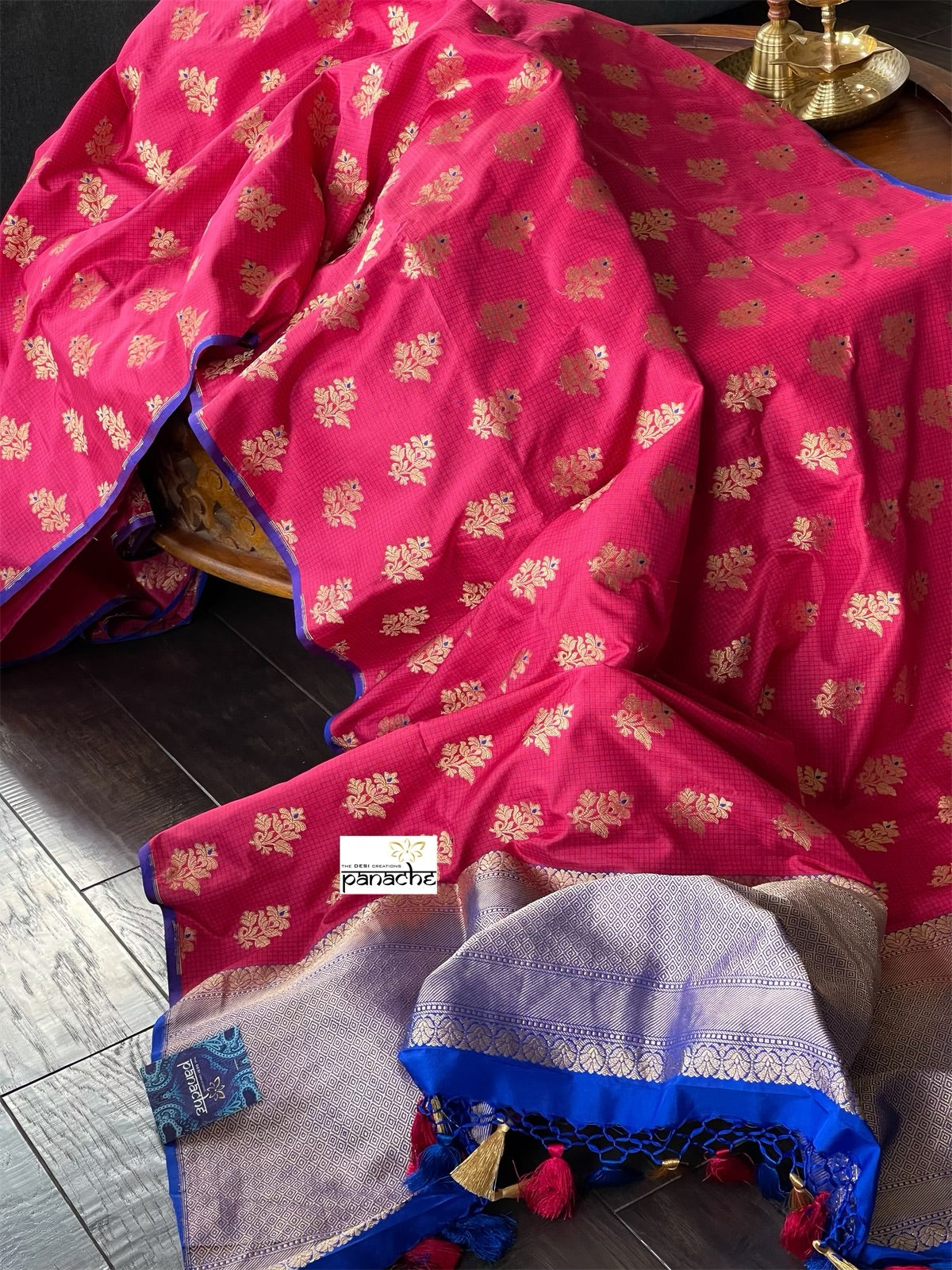 Pure Katan Silk Checkered Banarasi - Pink Royal Blue woven
