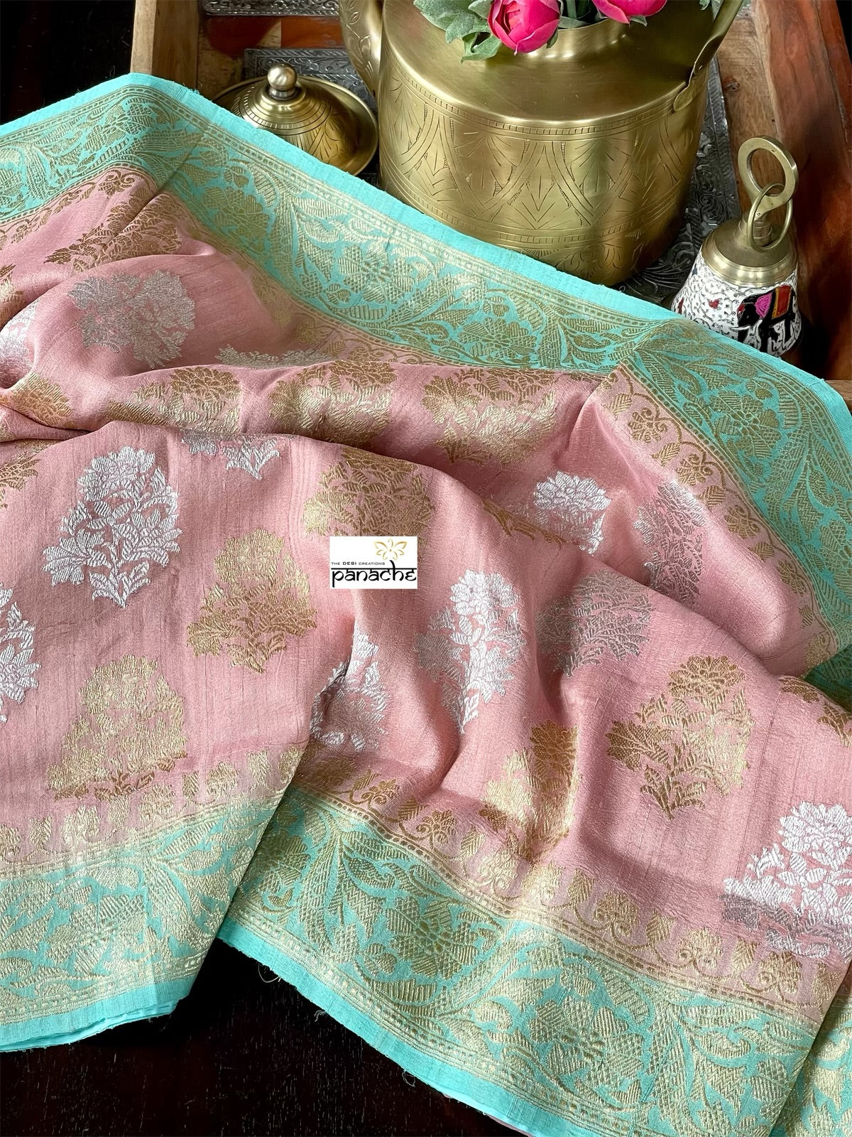 Tussar Georgette Banarasi- Peach Pink Sea Green