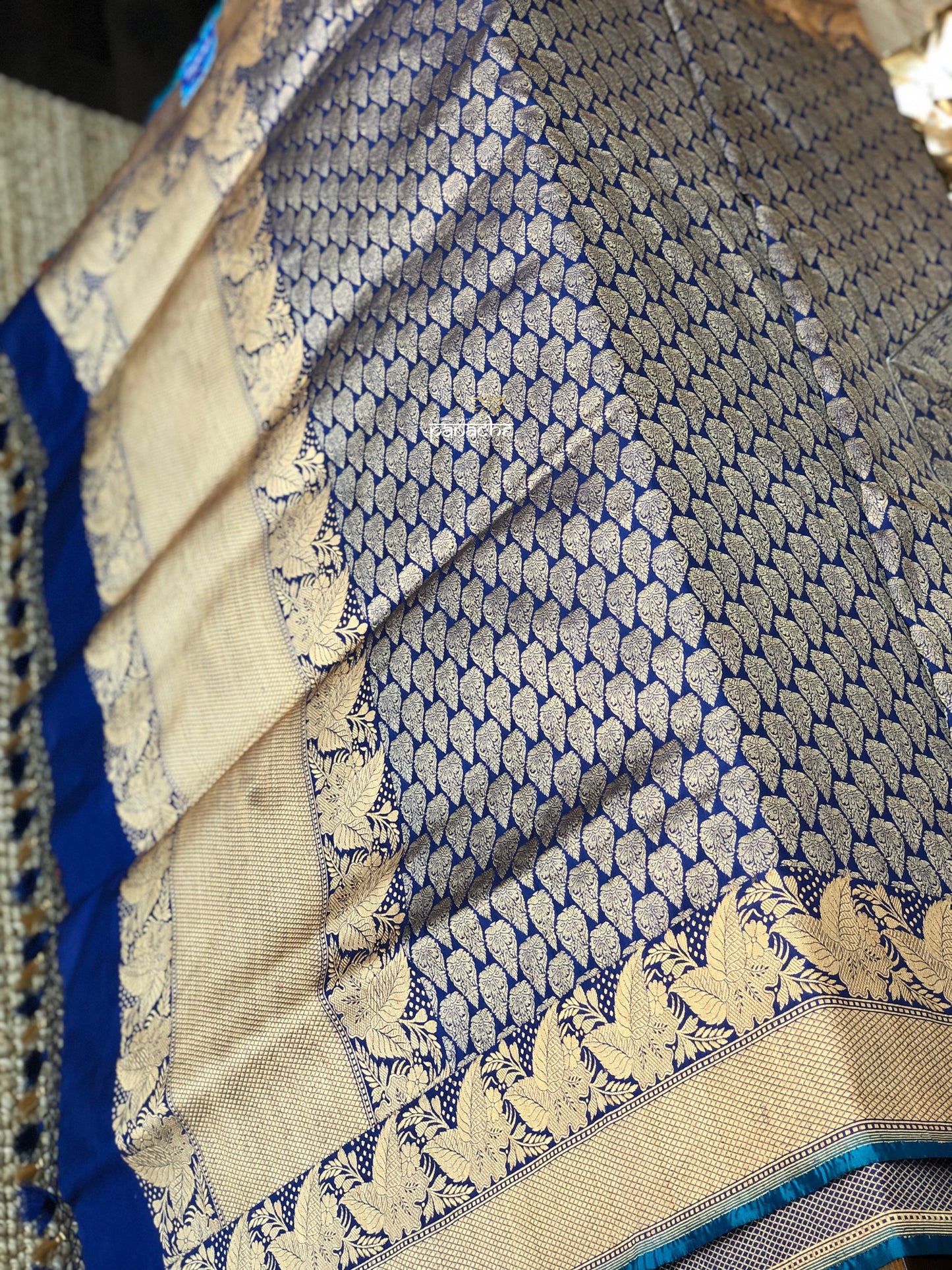 Tanchoi Silk Banarasi - Blue Antique Golden Zari
