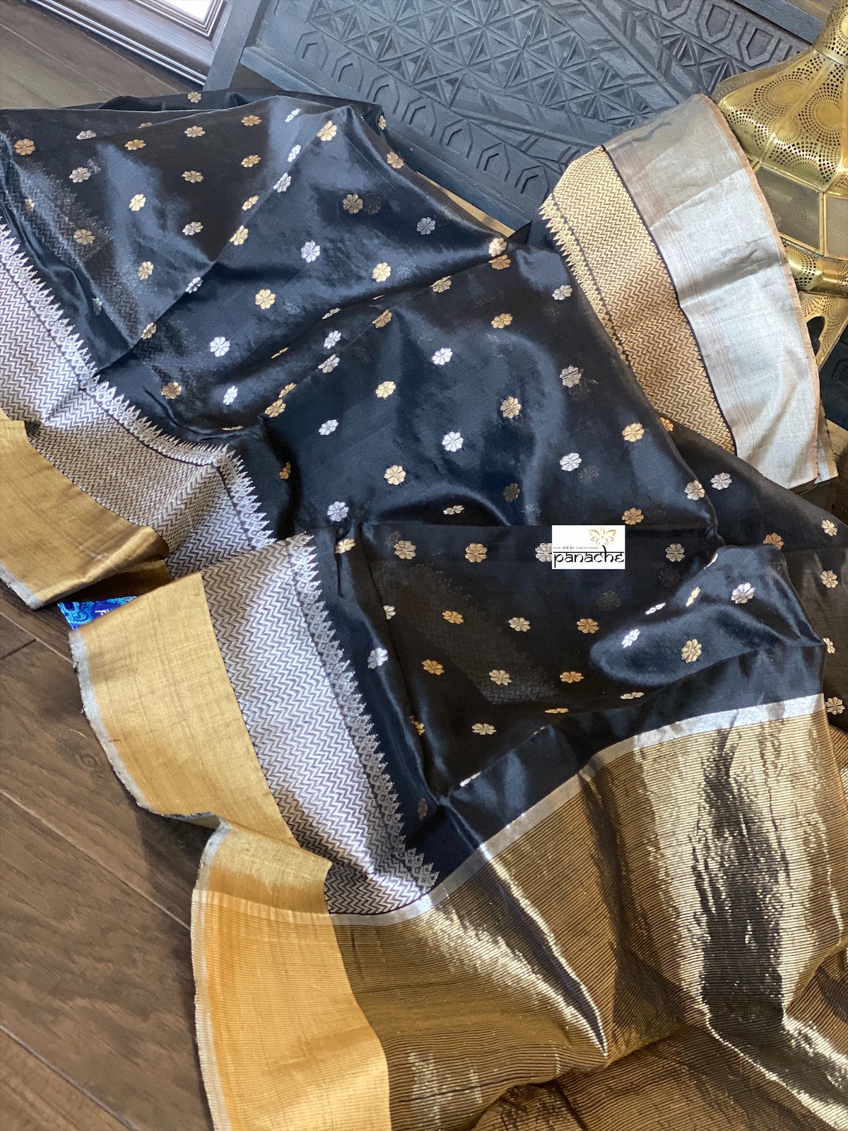 Pure Chanderi Silk -  Black Golden Silver Zari Woven