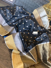 Pure Chanderi Silk -  Black Golden Silver Zari Woven