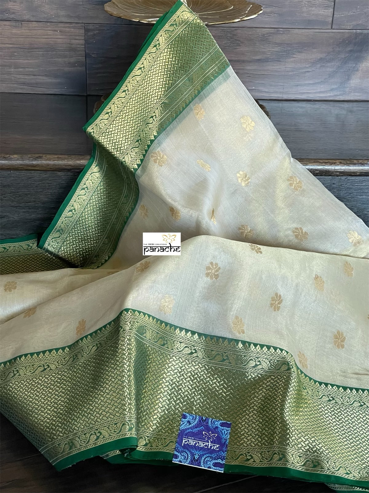 Pure Chanderi Tissue Organza Silk - Golden Beige Green Iknaliya