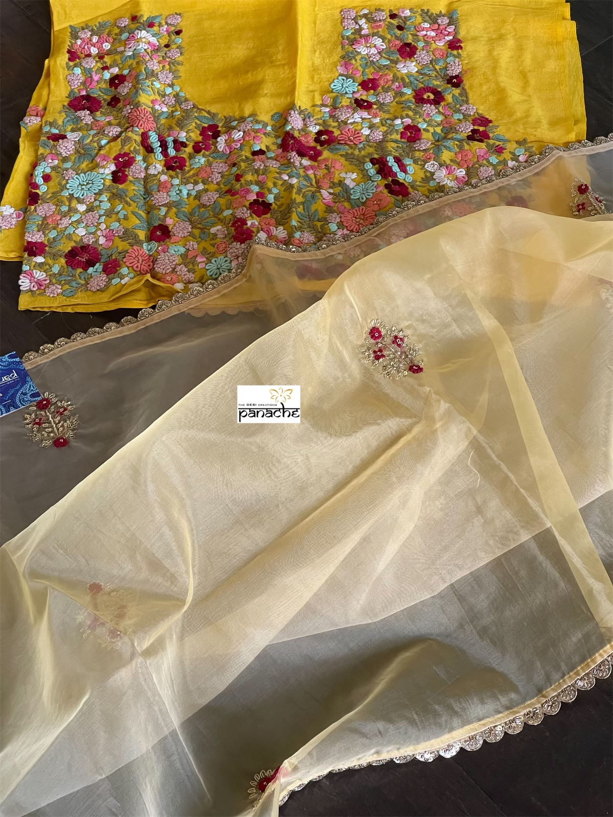 Designer Organza - Lemon Yellow mukaish Embroidered