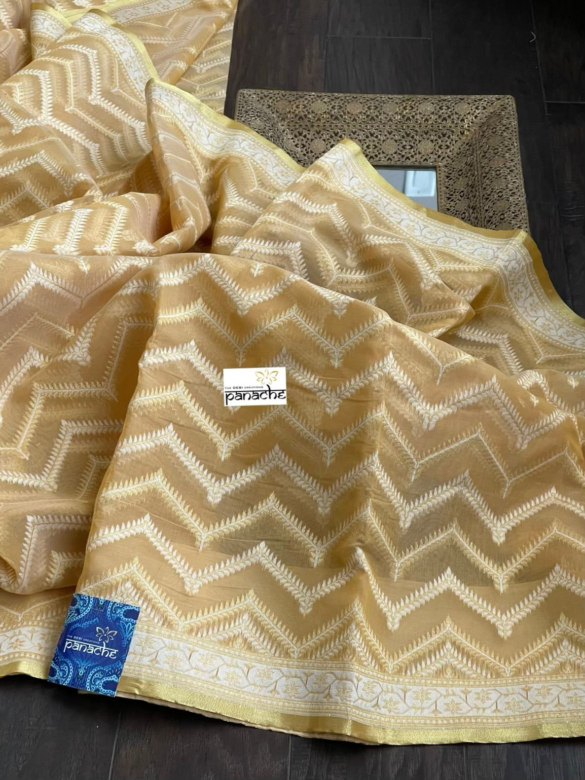 Kora Cotton Chanderi Banarasi - Light Ochre Yellow Paithani Border