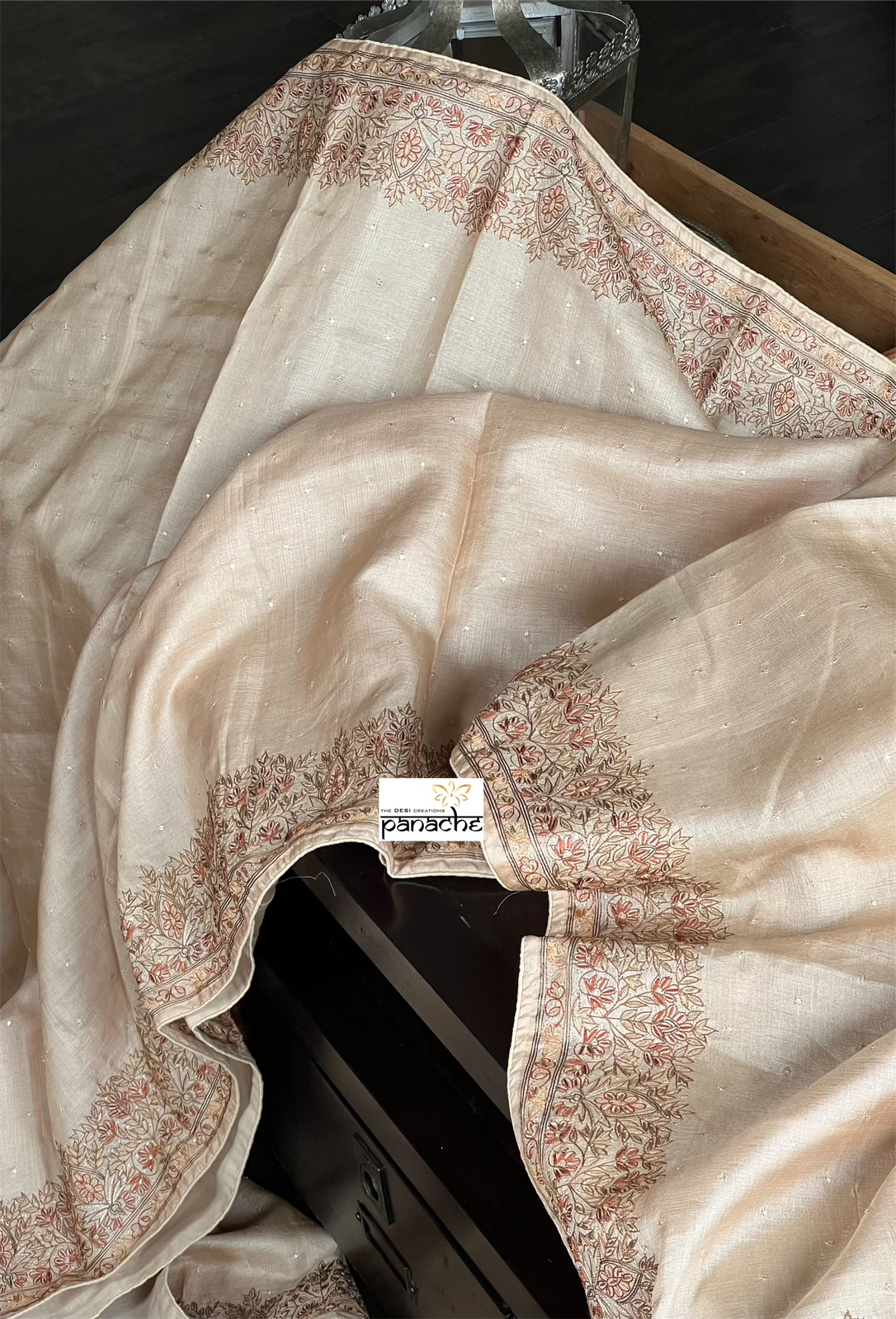 Hand Embroidered Tussar Silk - Tan Beige