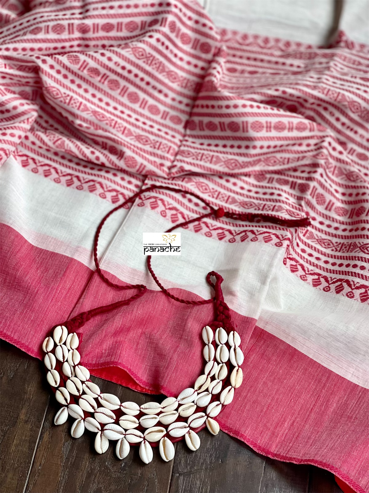 Dhonekhali Cotton Saree - Offwhite Red