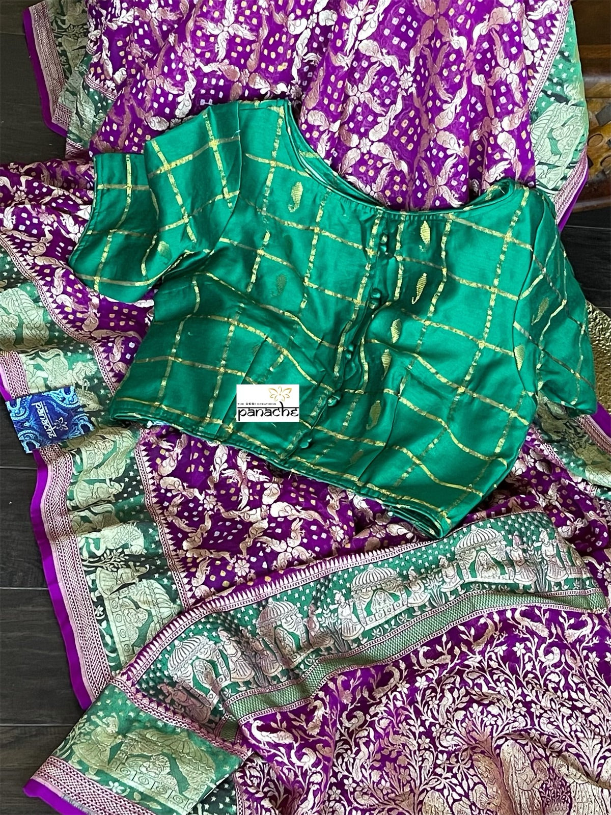 Bandhej Khaddi Georgette Banarasi - Purple Green