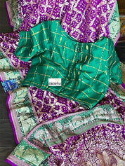Bandhej Khaddi Georgette Banarasi - Purple Green