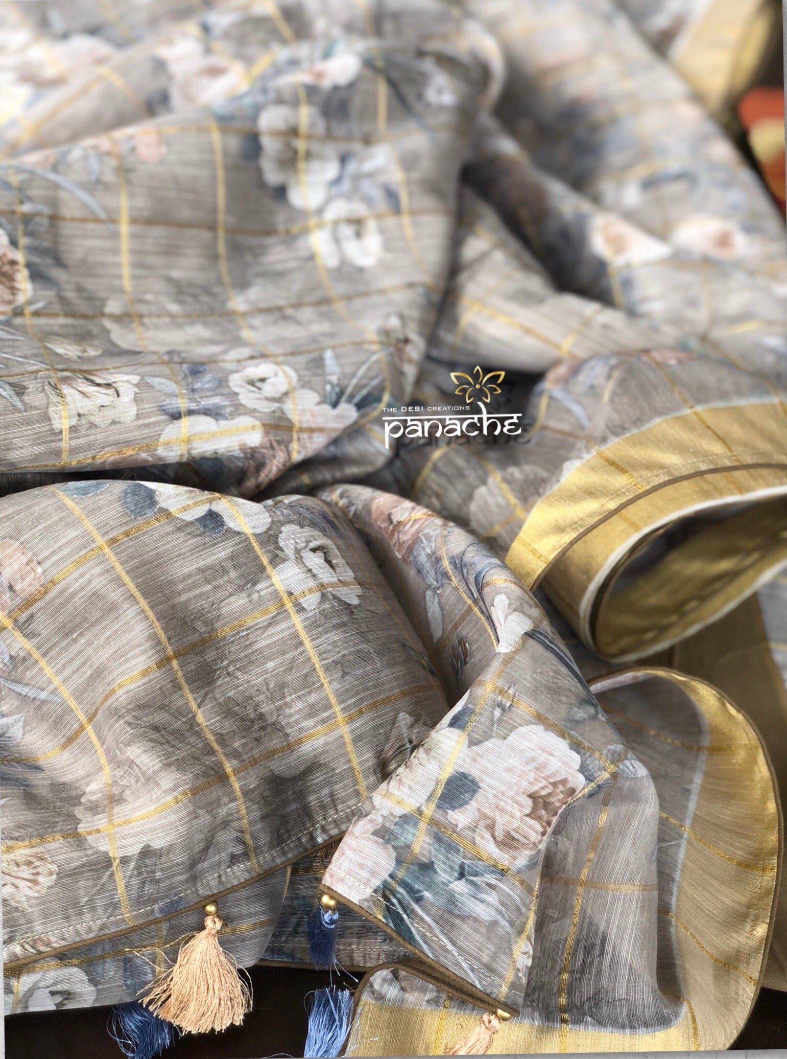 Chanderi Digital Print - Grey Floral Zari checks