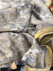 Chanderi Digital Print - Grey Floral Zari checks