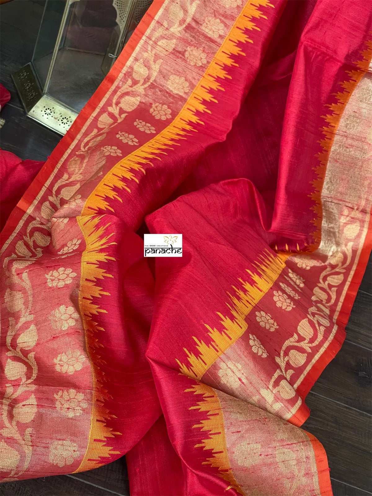 Tussar Silk Banarasi - Red Yellow Paithani Border
