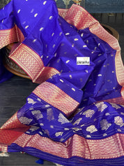 Pure Chanderi Organza Silk - Purplish Blue Red