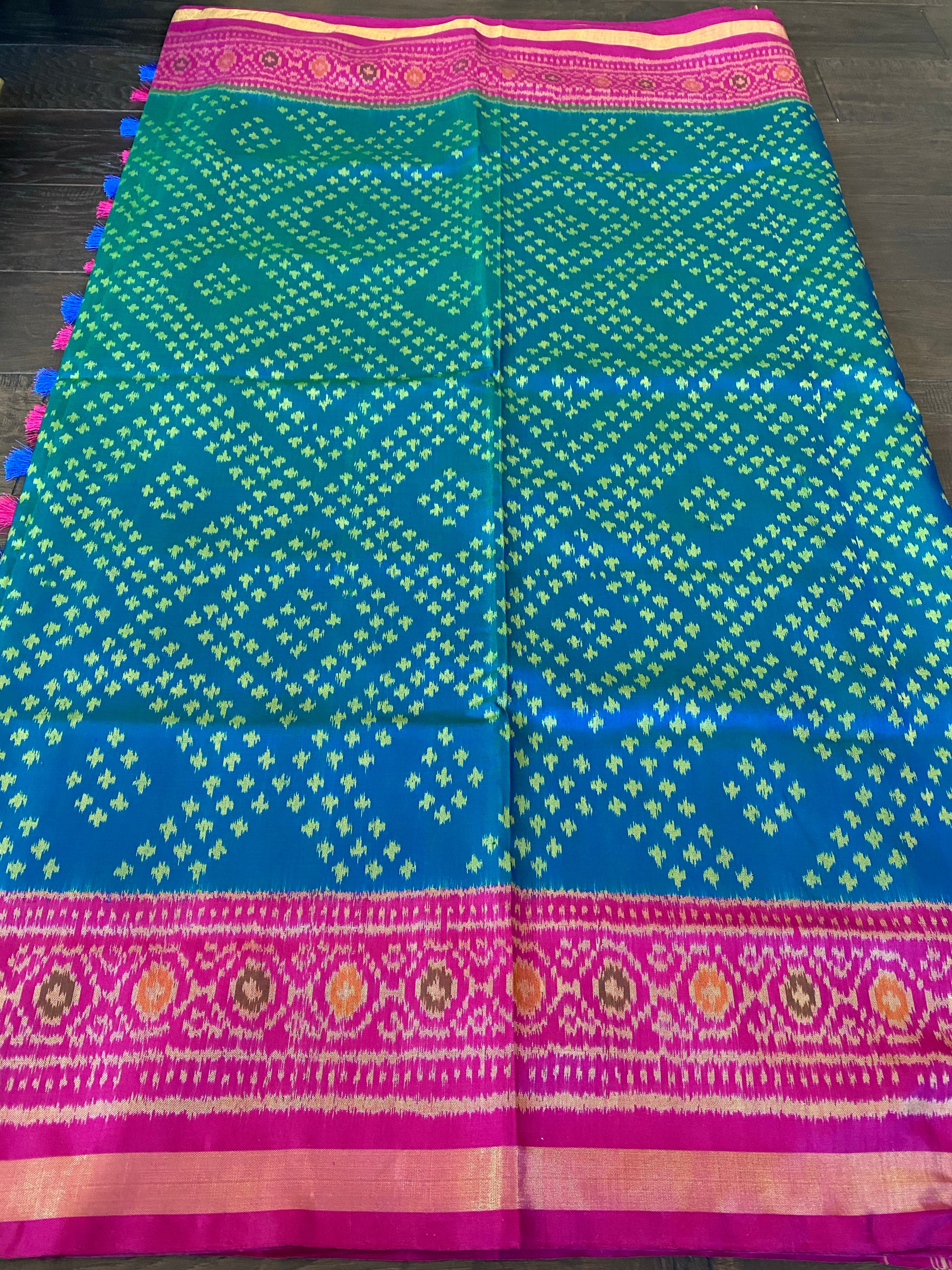 Pure Silk Ikat -  Firozi Sea Green Magenta