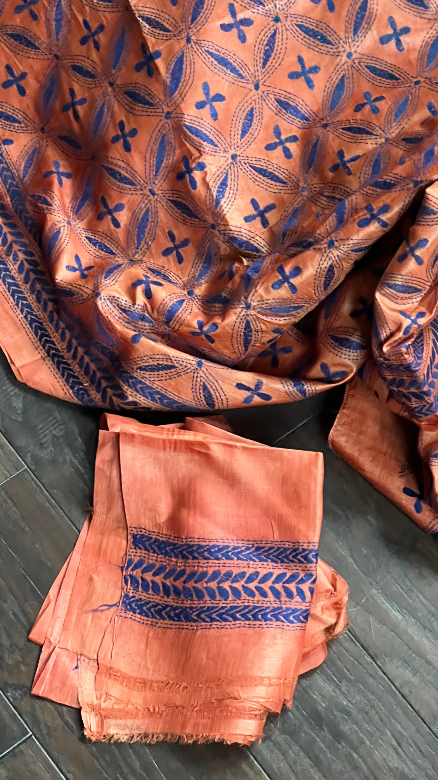 Pure Tussar Silk Kantha Stitch -  Rust Orange