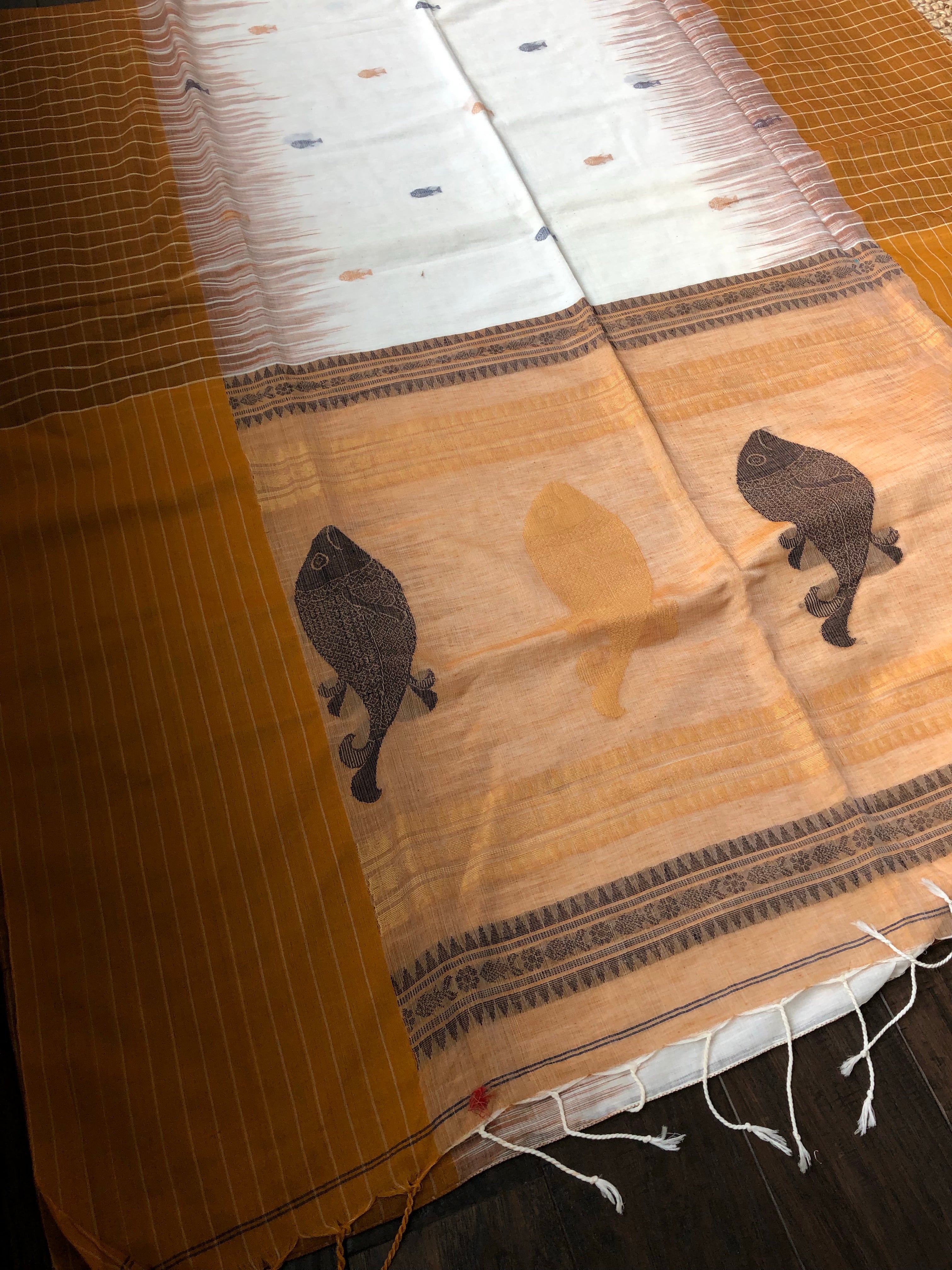 Pure Khadi Cotton Handloom - Off-White Ochre Yellow Woven