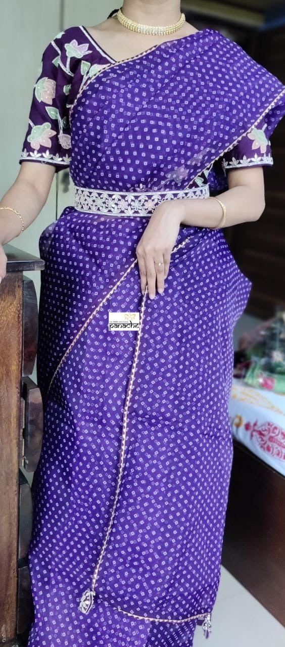 Designer Organza Bandhej - Purple Saree-Blouse Set