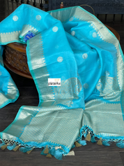 Pure Malmal Cotton Banarasi - Firozi Blue Kadwa Zari Woven