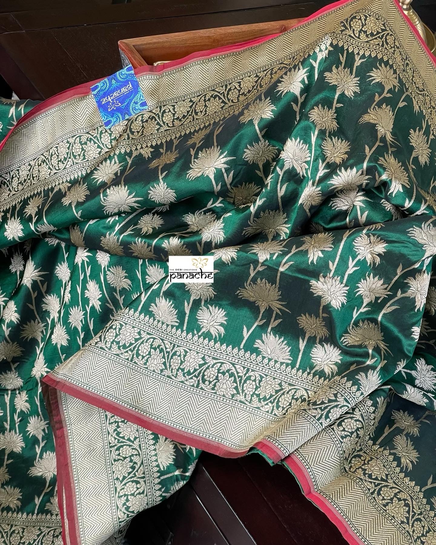 Pure Silk Banarasi - Green Red Antique Golden Zari