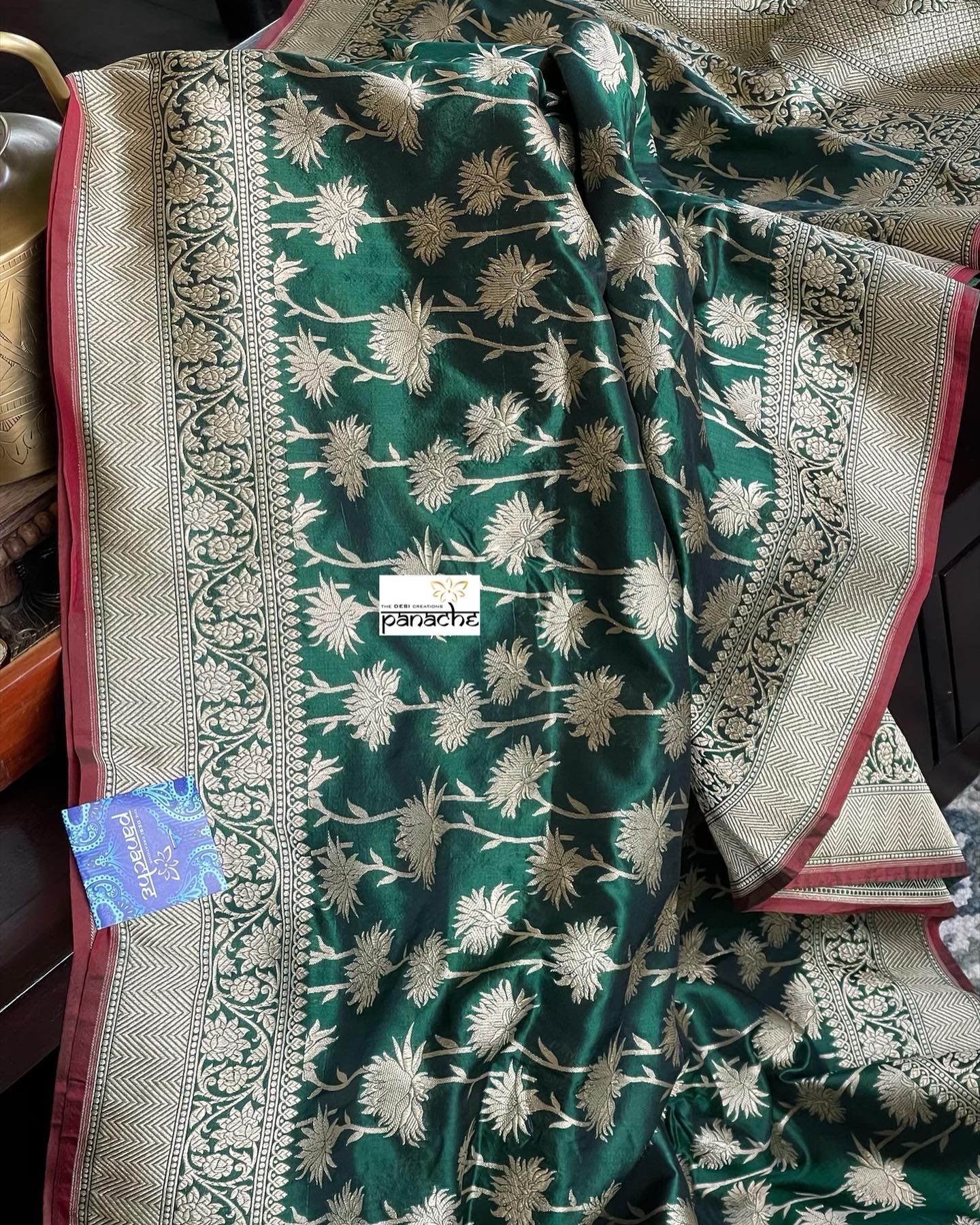 Pure Silk Banarasi - Green Red Antique Golden Zari