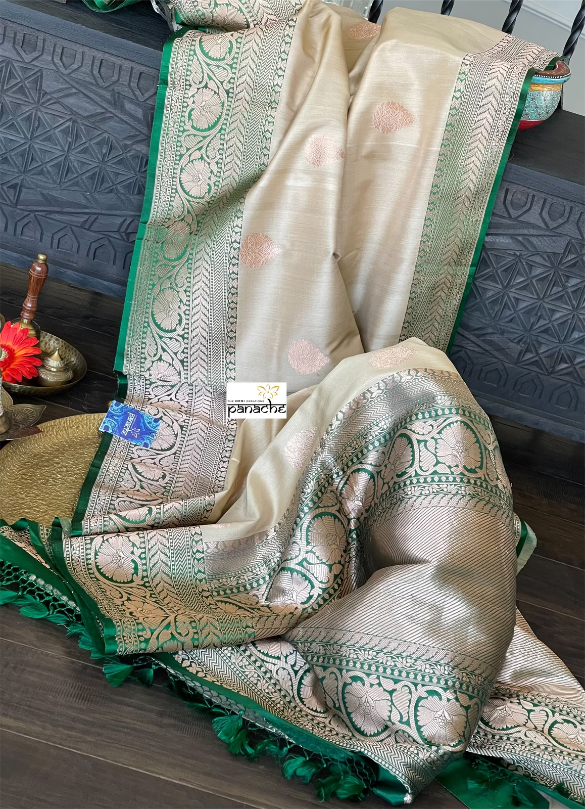 Tussar Silk Banarasi - Beige Bottle Green