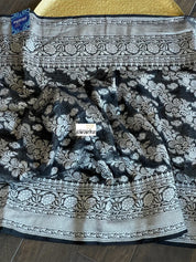 Khaddi Georgette Banarasi - Black Silver Zari