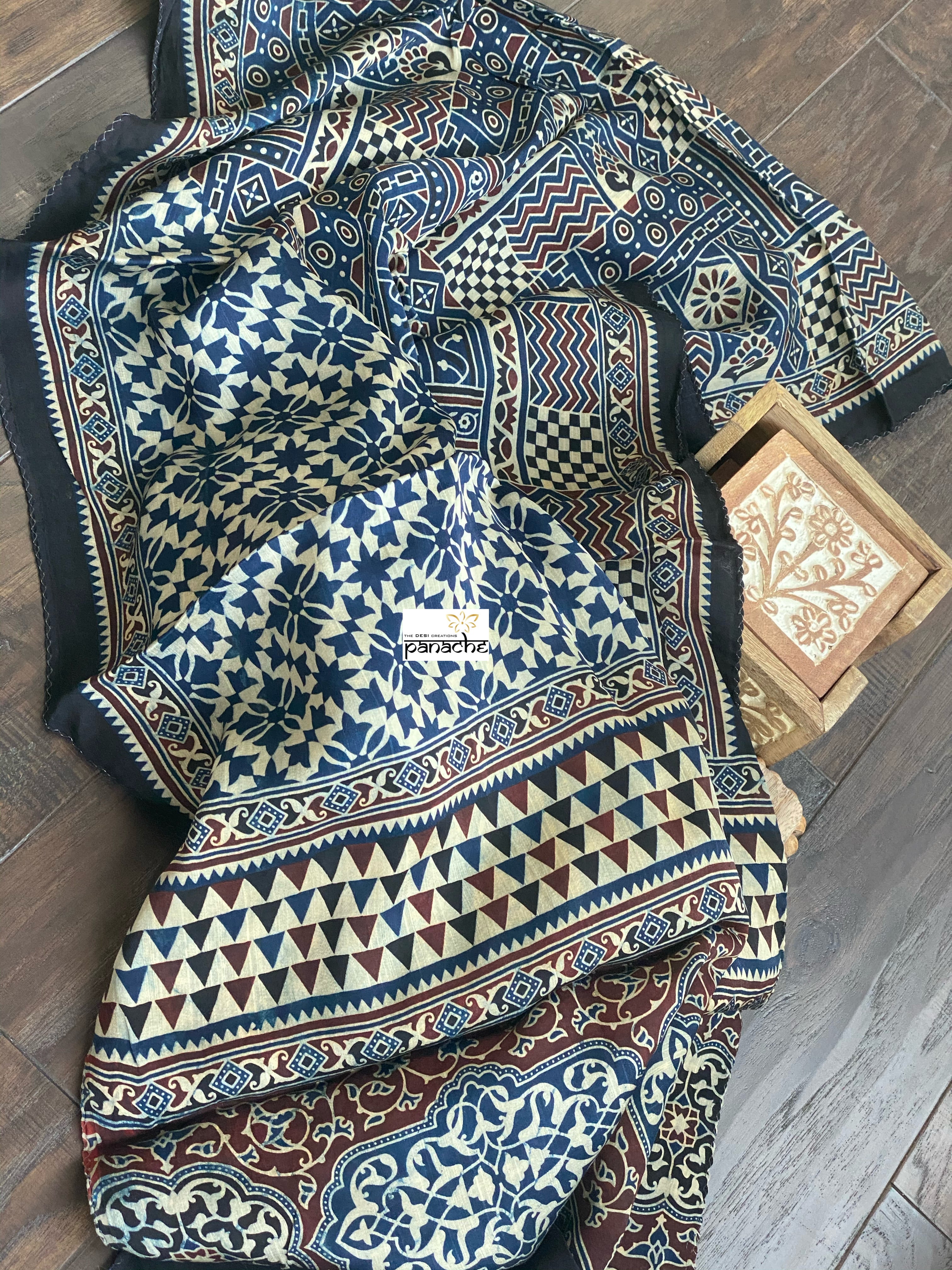Stole Ajrakh Print - Indigo Black Maroon 5
