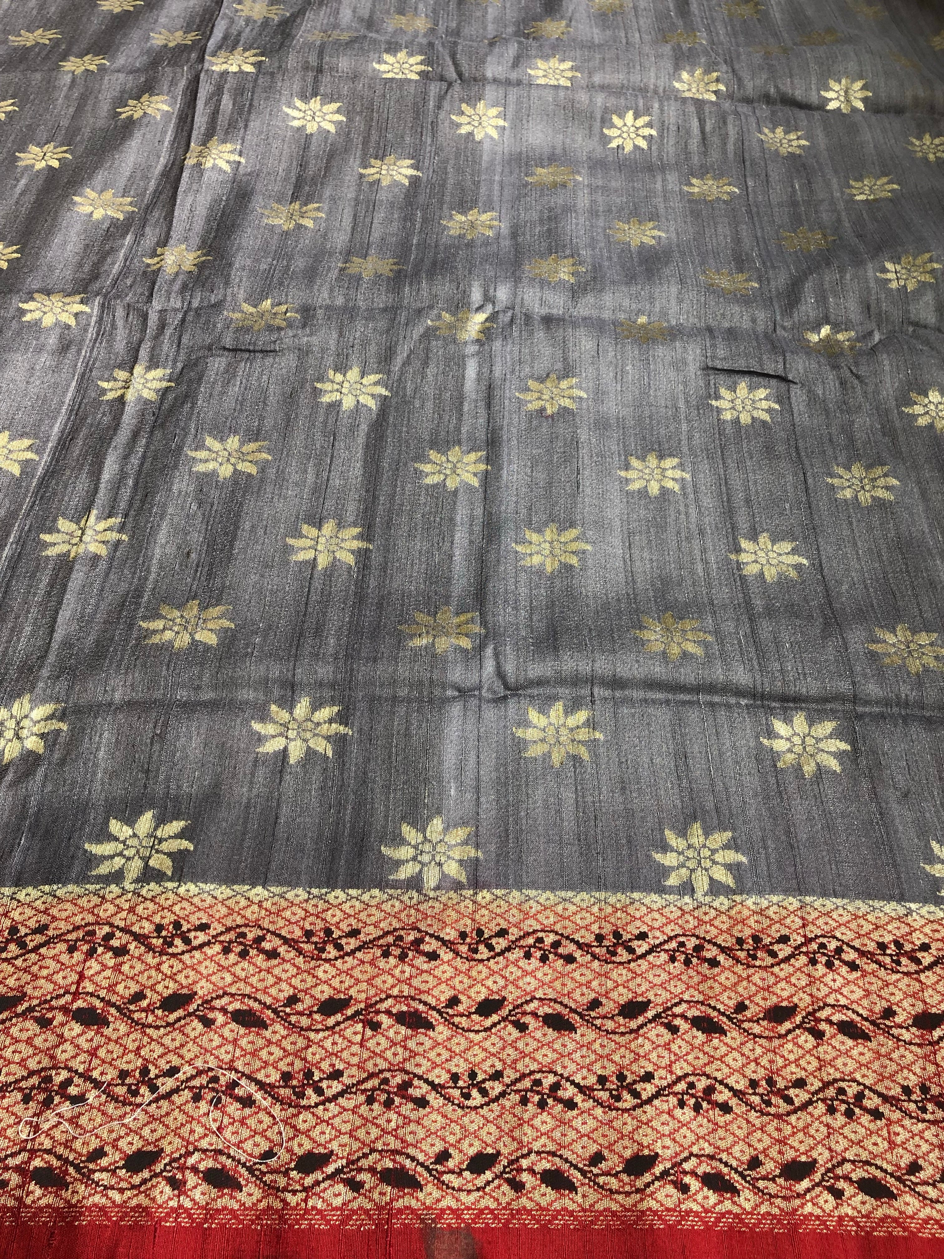 Tussar Georgette Banarasi- Grey Maroon Black