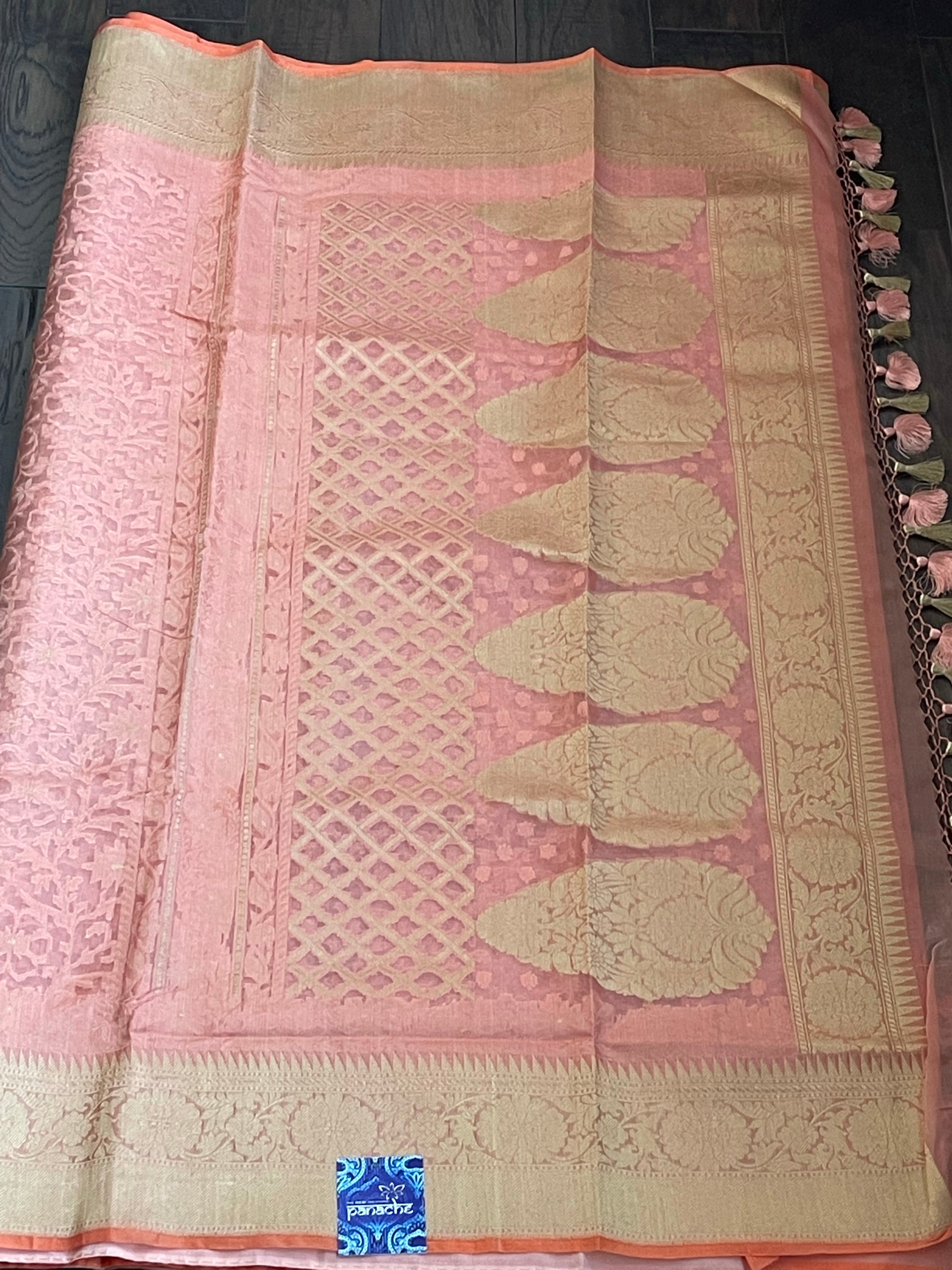 Organza Silk Jamdani Banarasi - Peach Kadwa