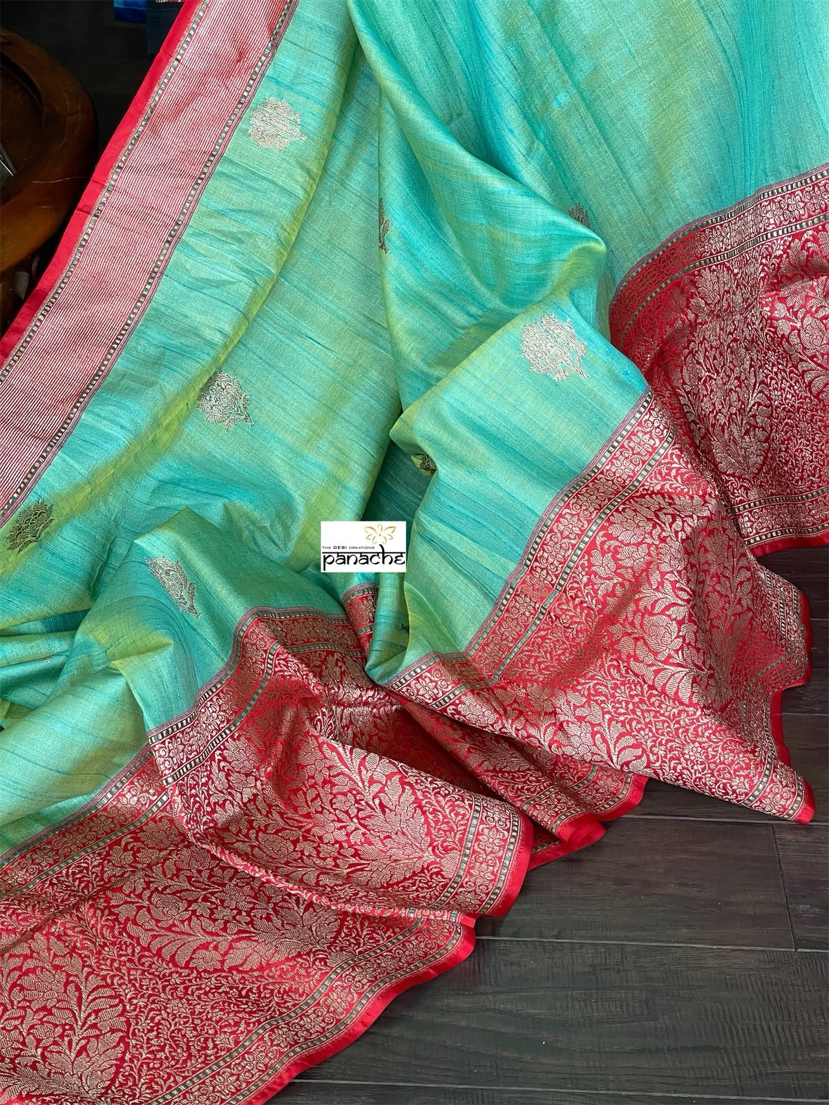 Pure Tassur Silk Banarasi - Sea Green Red