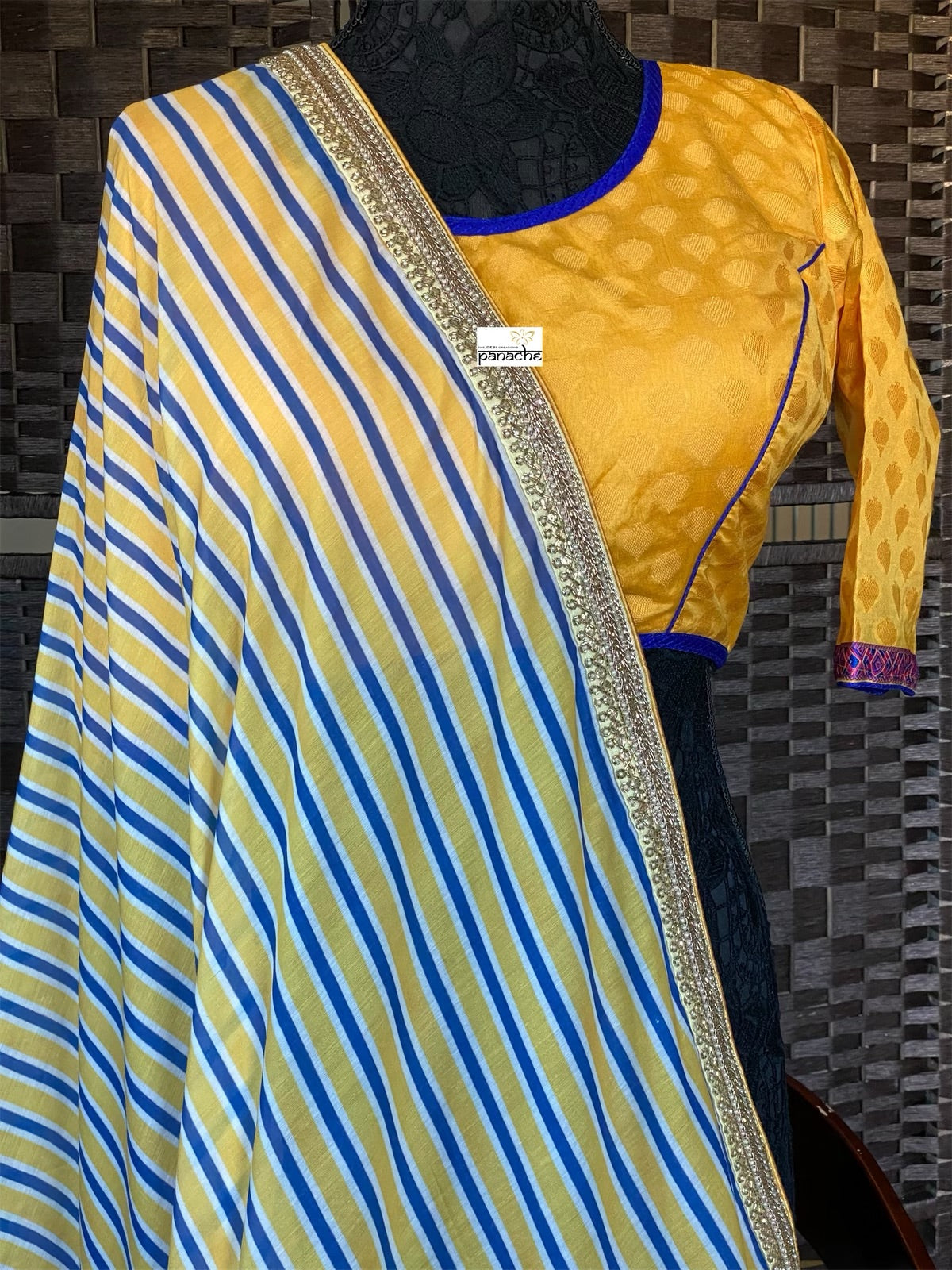 Muslin Soft Silk Printed - Blue Yellow Striped