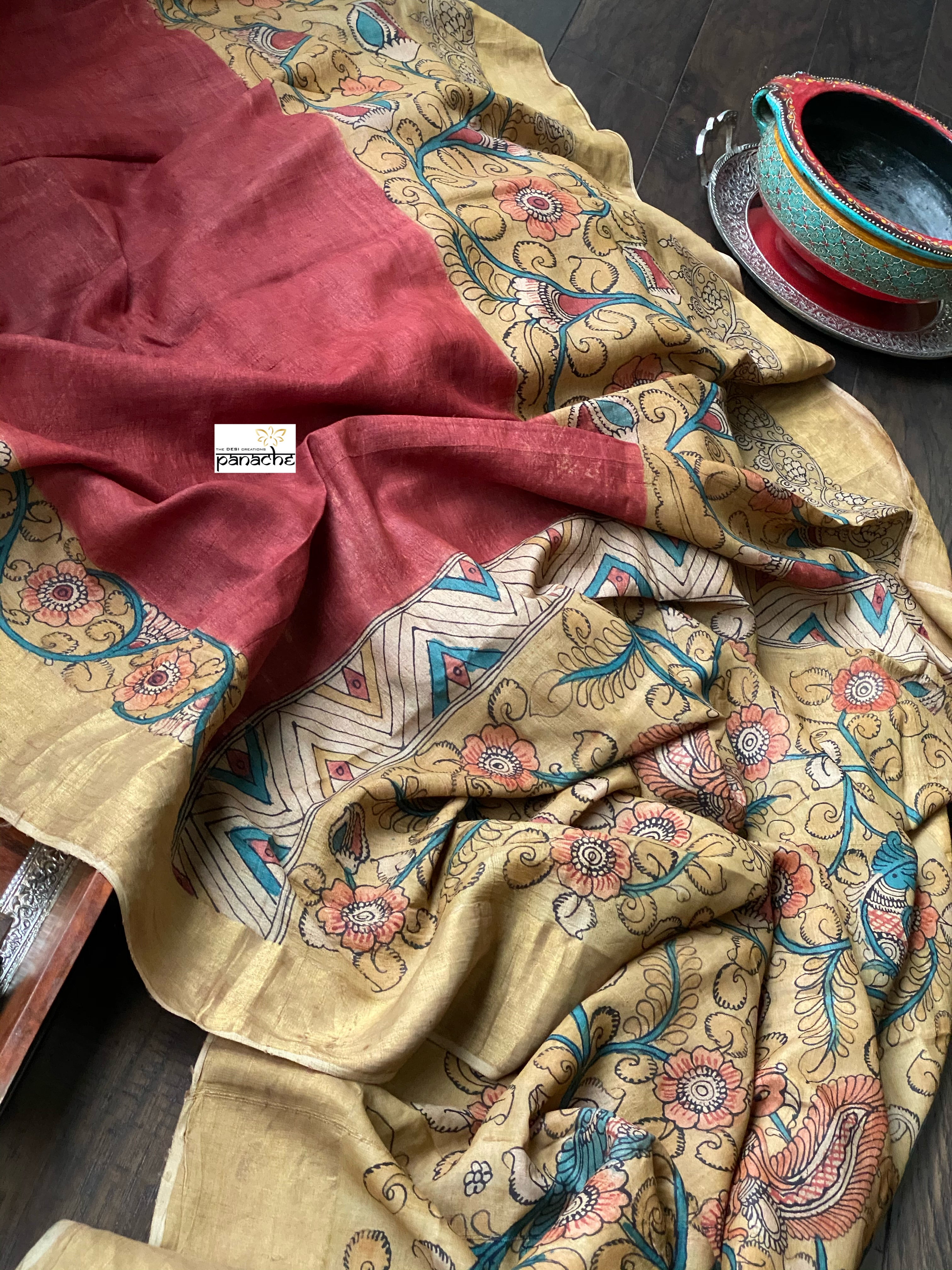 Pen Kalamkari Tussar Silk - Hand-painted Brick Red