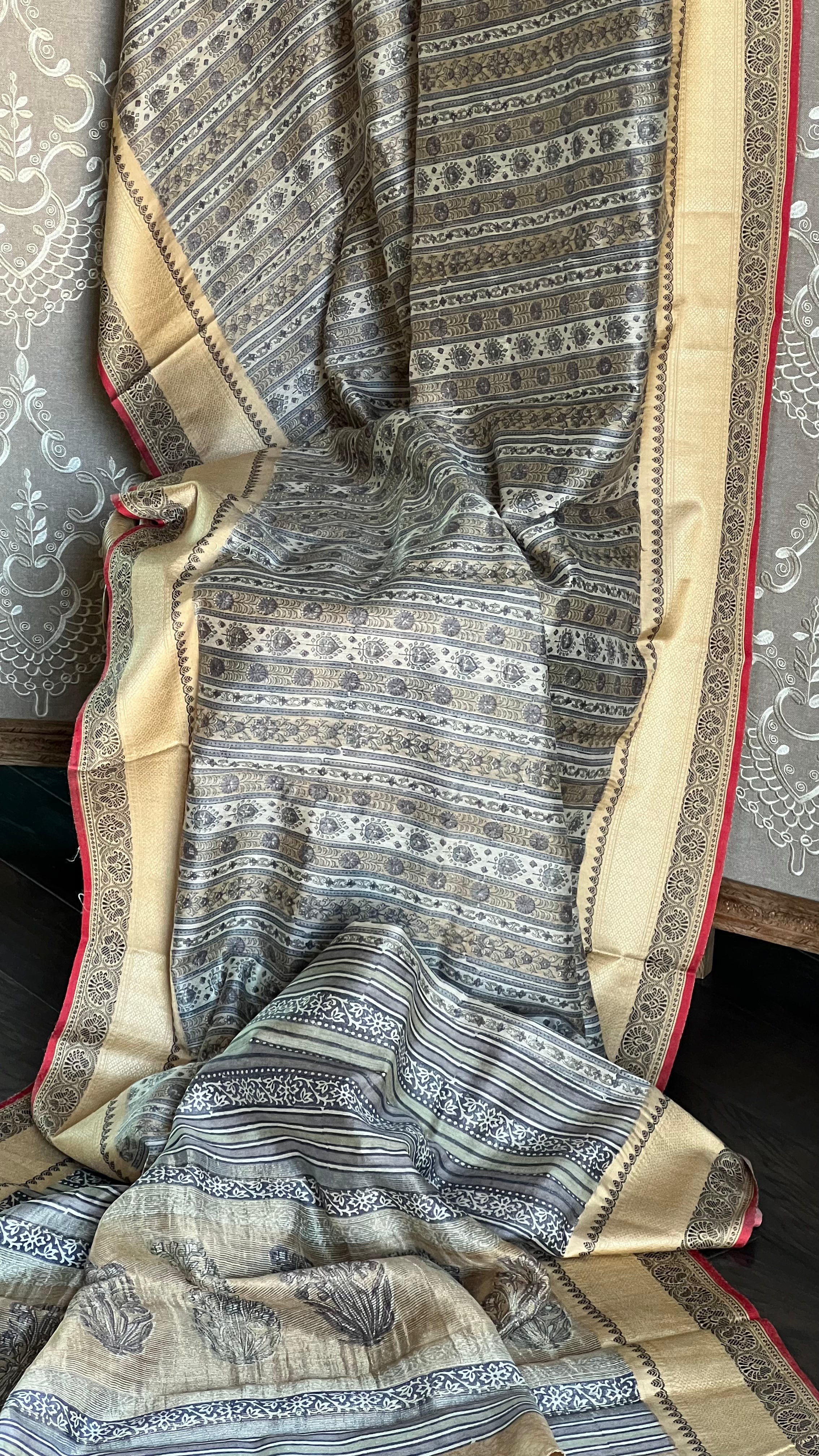 Muga Silk - Beige Black Printed