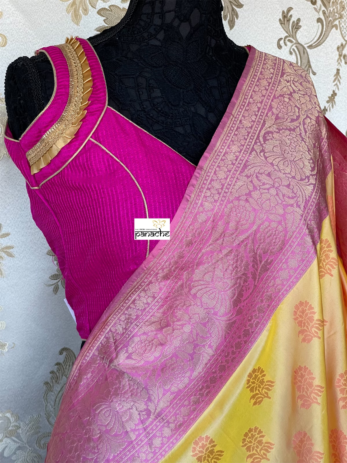 Silk Banarasi - Yellow Pink Resham Woven