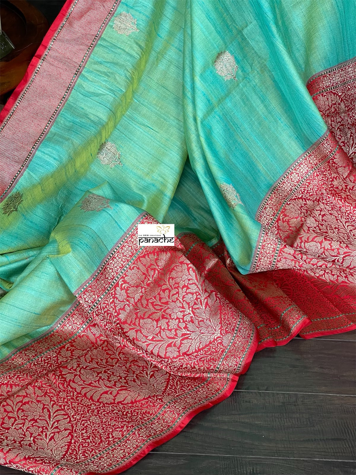 Pure Tassur Silk Banarasi - Sea Green Red