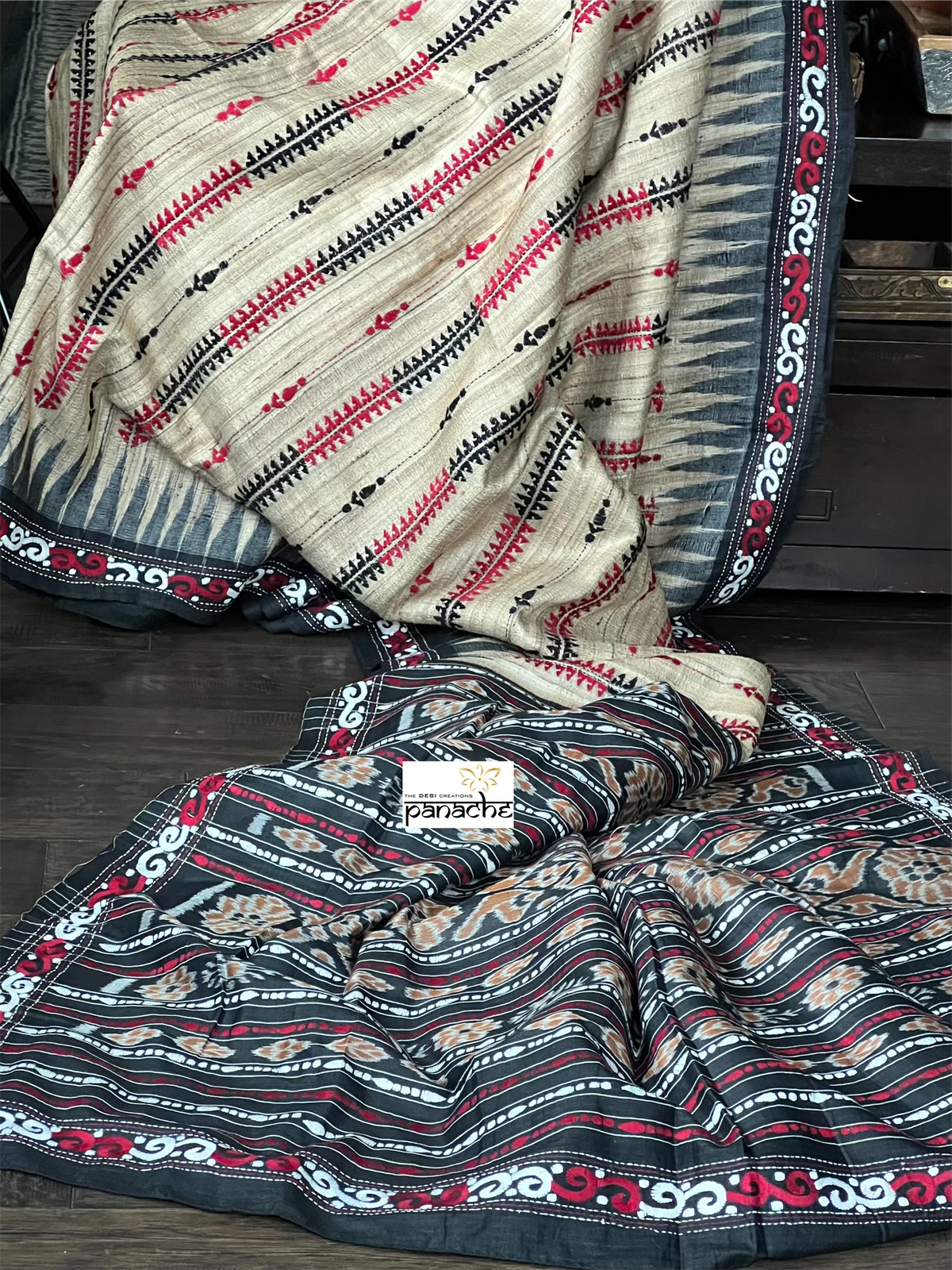 Pure Tussar Gicha Silk Kantha Stitch -  Beige Black