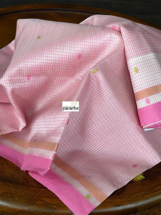 Pure Chanderi Organza Silk - Baby Pink Checkered