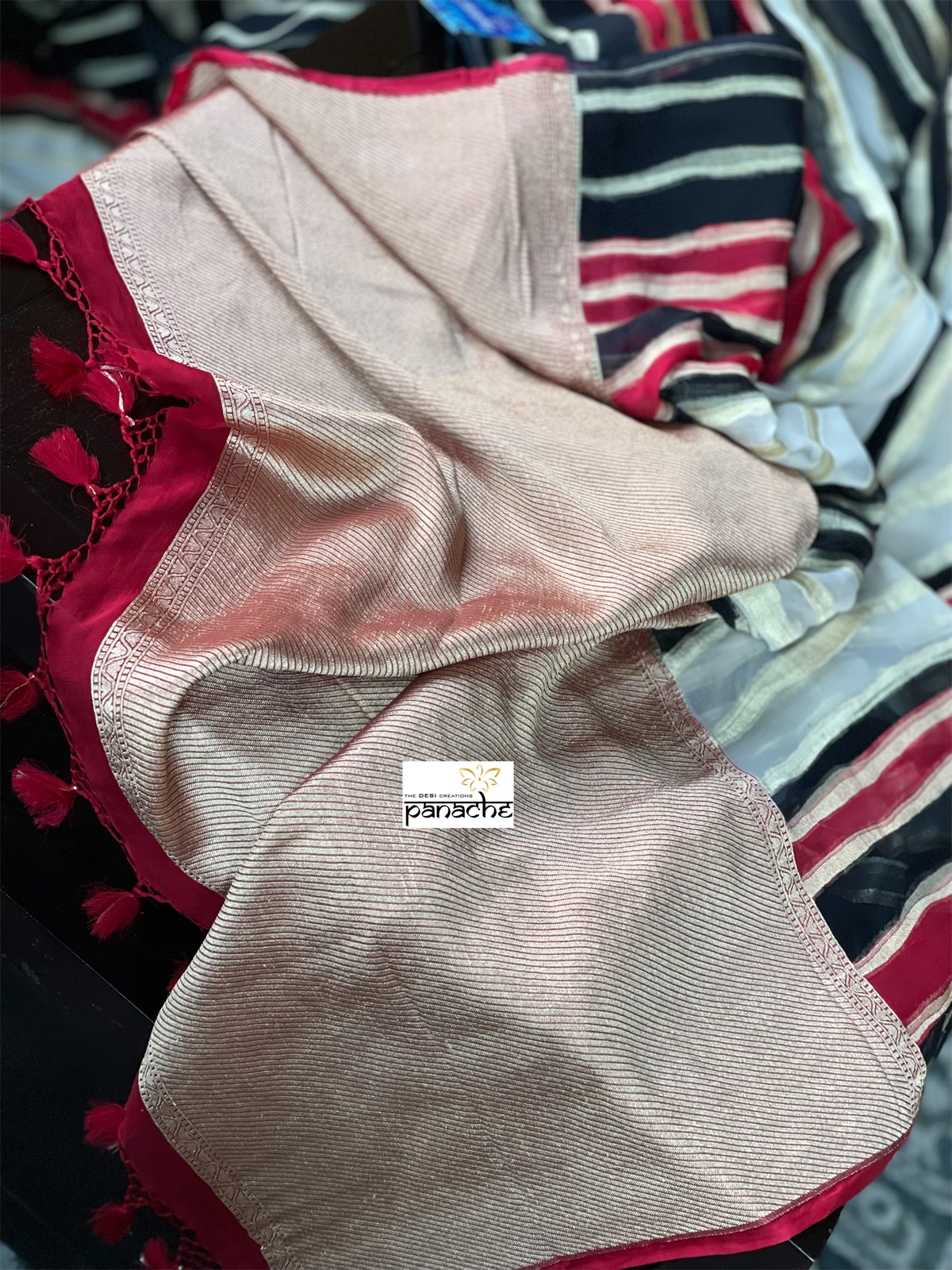 Khaddi Georgette Banarasi - Off-White Red Black Striped