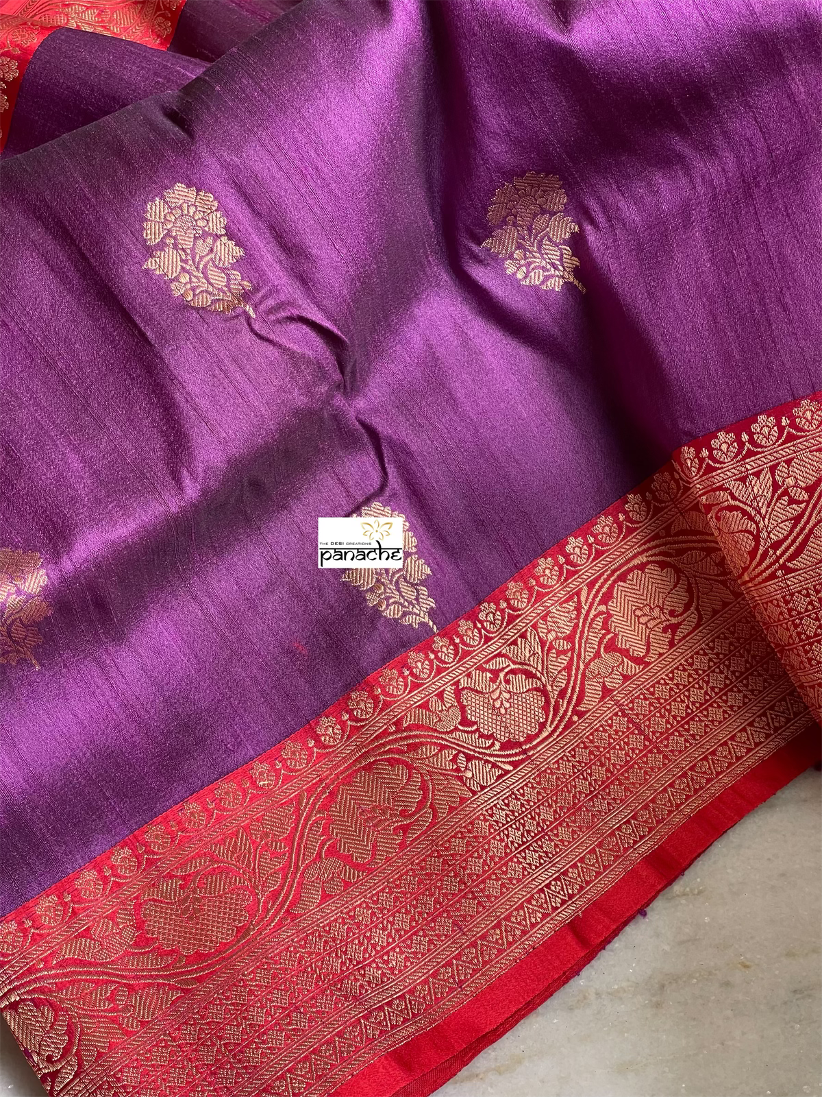 Pure Tussar Silk Banarasi - Purple Red