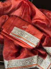 Designer Tussar Silk - Rust Golden Zari Woven