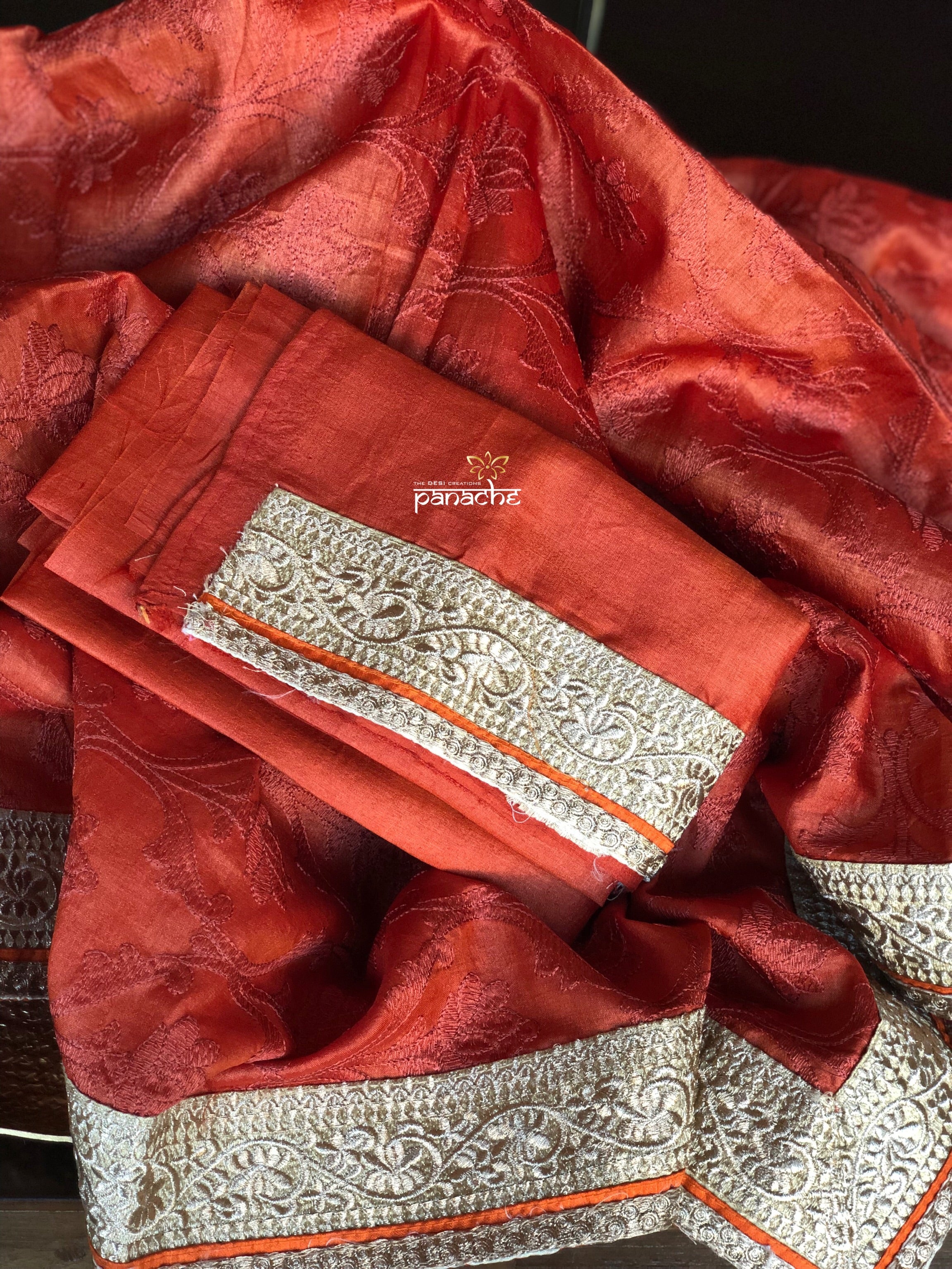 Designer Tussar Silk - Rust Golden Zari Woven