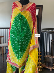 Bandhej Dupatta - Yellow Green Red